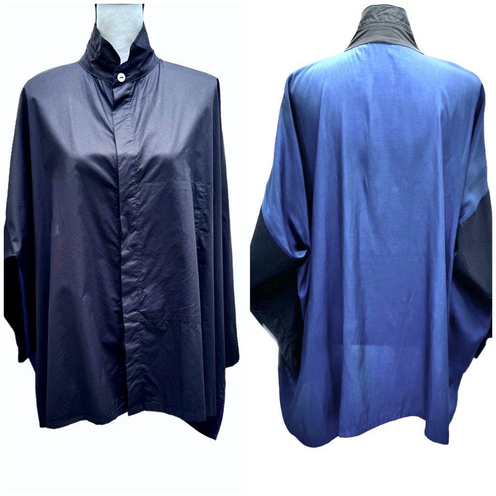 Planet By Lauren G Black Cotton Front Blue Polysilk Back Signature Shirt